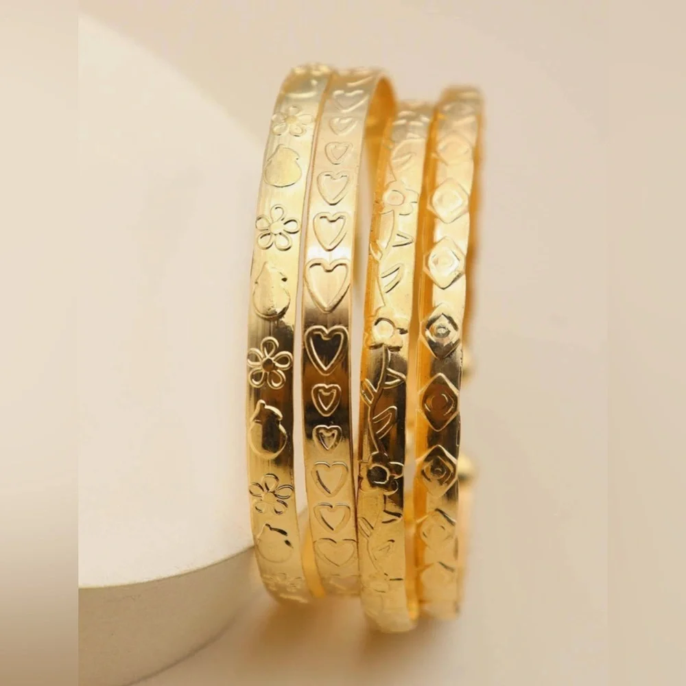 4 Piece Gold Heart Textured Layered Stacked Bangle Set